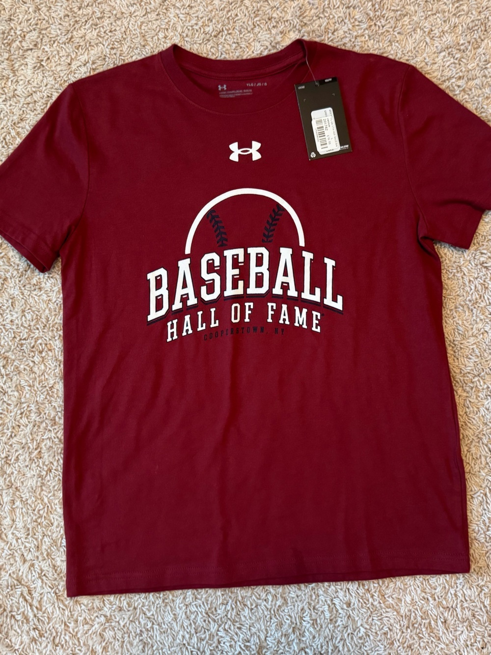 NWT Under Armour Maroon Baseball Hall of Fame Graphic Tee, youth L